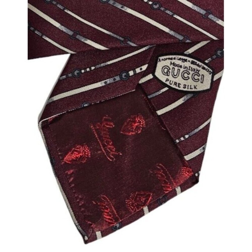 GUCCI Men's 100% Silk Necktie LUXURY Tie Burgundy Belts Logo W:3.6" EUC - Picture 3 of 4